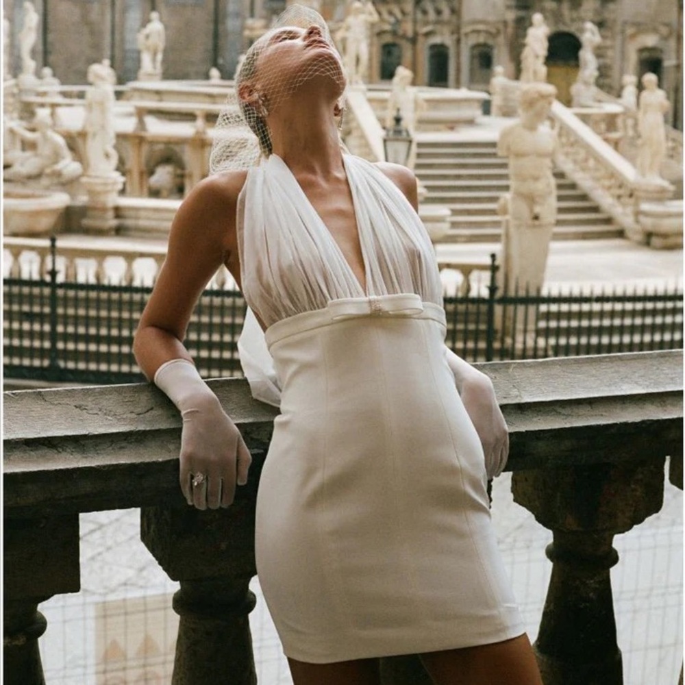 Nana Jacqueline Strapless Ivory Plunging Halter Mini Dress